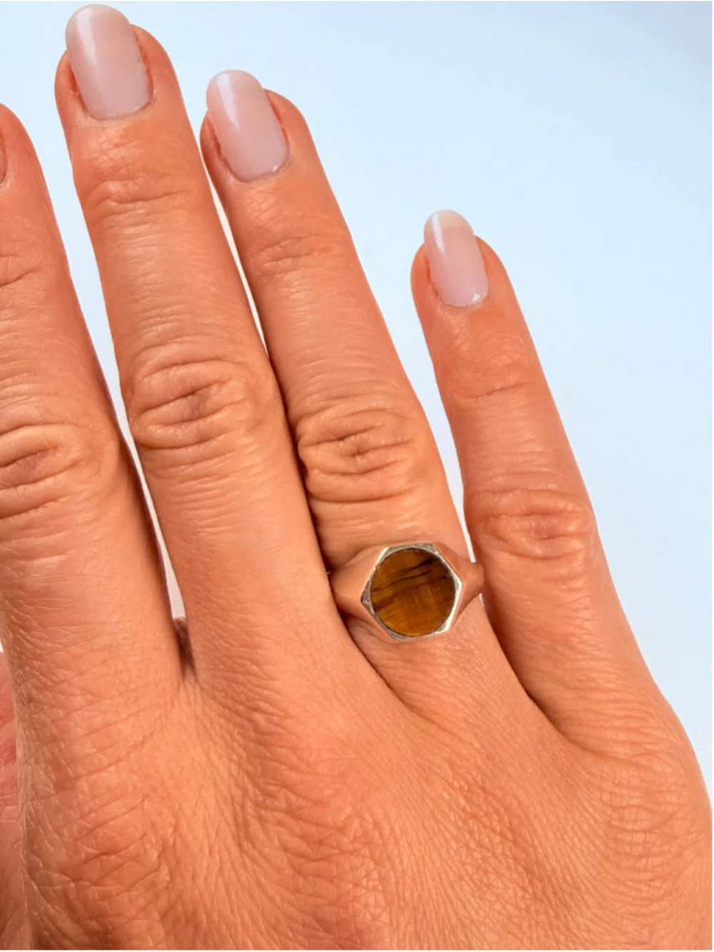 Modernist Tiger Eye Signet Octagon 925 Sterling Silver Streamline Ring Mexico